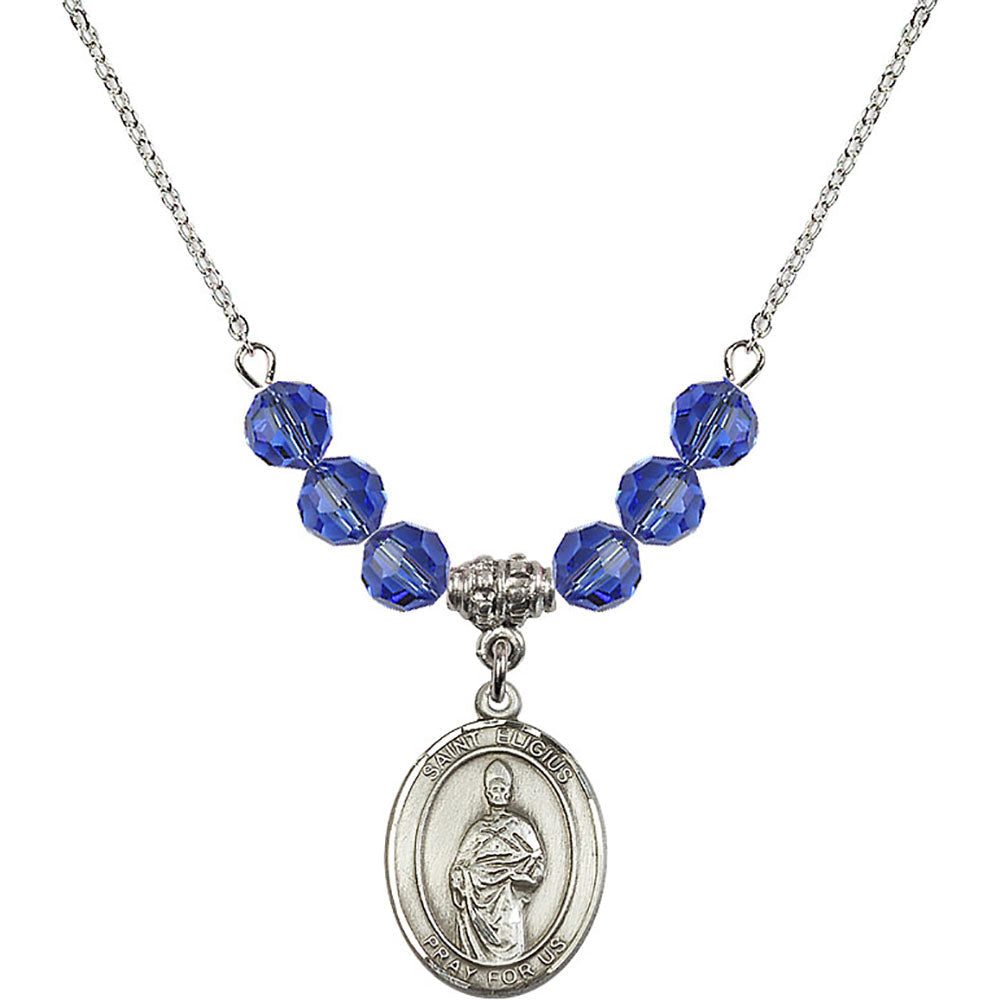 Sterling Silver Saint Eligius Birthstone Necklace with Sapphire Beads - 8402
