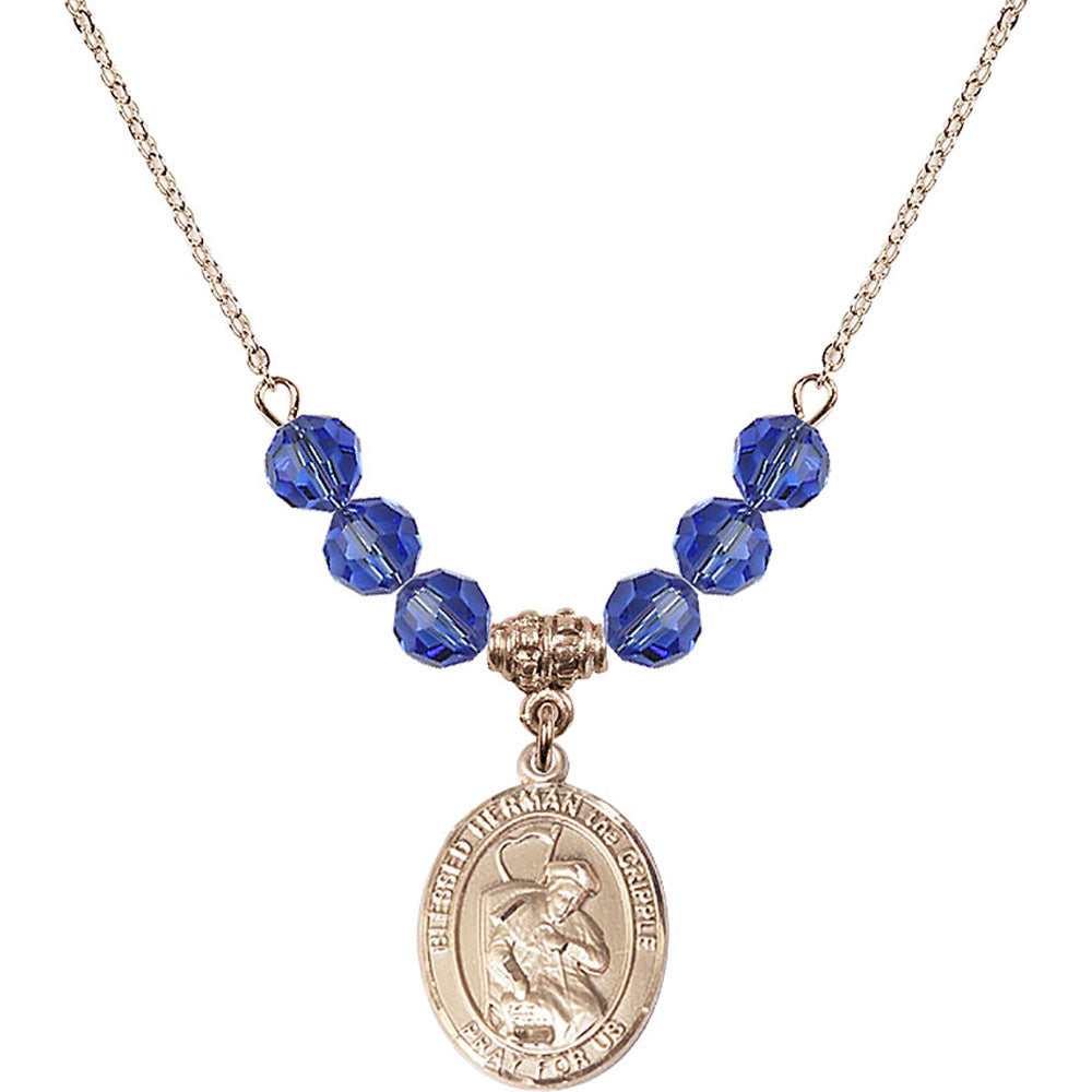 14kt Gold Filled Blessed Herman the Cripple Birthstone Necklace with Sapphire Beads - 8403