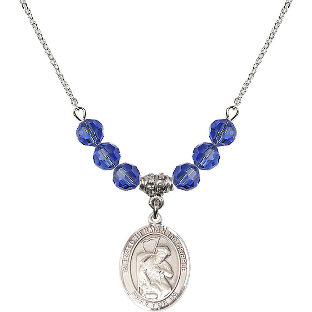 Sterling Silver Blessed Herman the Cripple Birthstone Necklace with Sapphire Beads - 8403