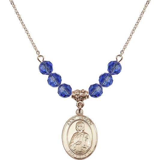 14kt Gold Filled Saint Gerald Birthstone Necklace with Sapphire Beads - 8404