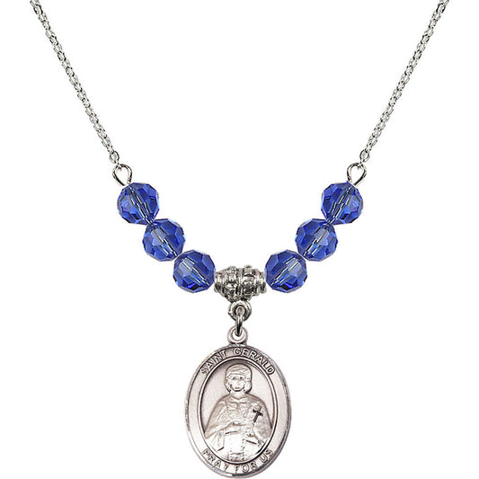 Sterling Silver Saint Gerald Birthstone Necklace with Sapphire Beads - 8404
