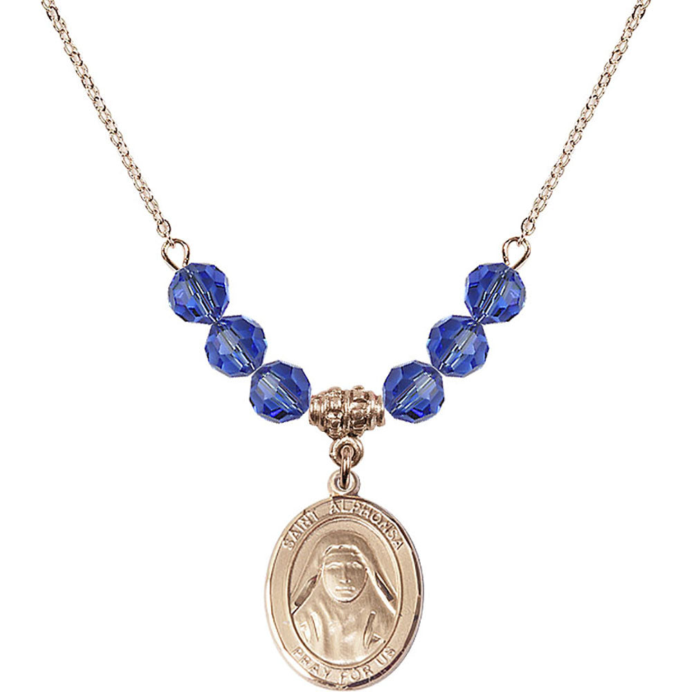 14kt Gold Filled Saint Alphonsa of India Birthstone Necklace with Sapphire Beads - 8406