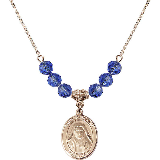 14kt Gold Filled Saint Alphonsa of India Birthstone Necklace with Sapphire Beads - 8406
