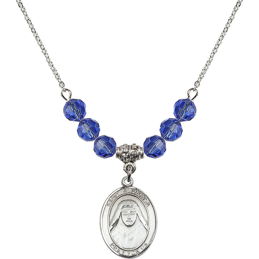 Sterling Silver Saint Alphonsa of India Birthstone Necklace with Sapphire Beads - 8406