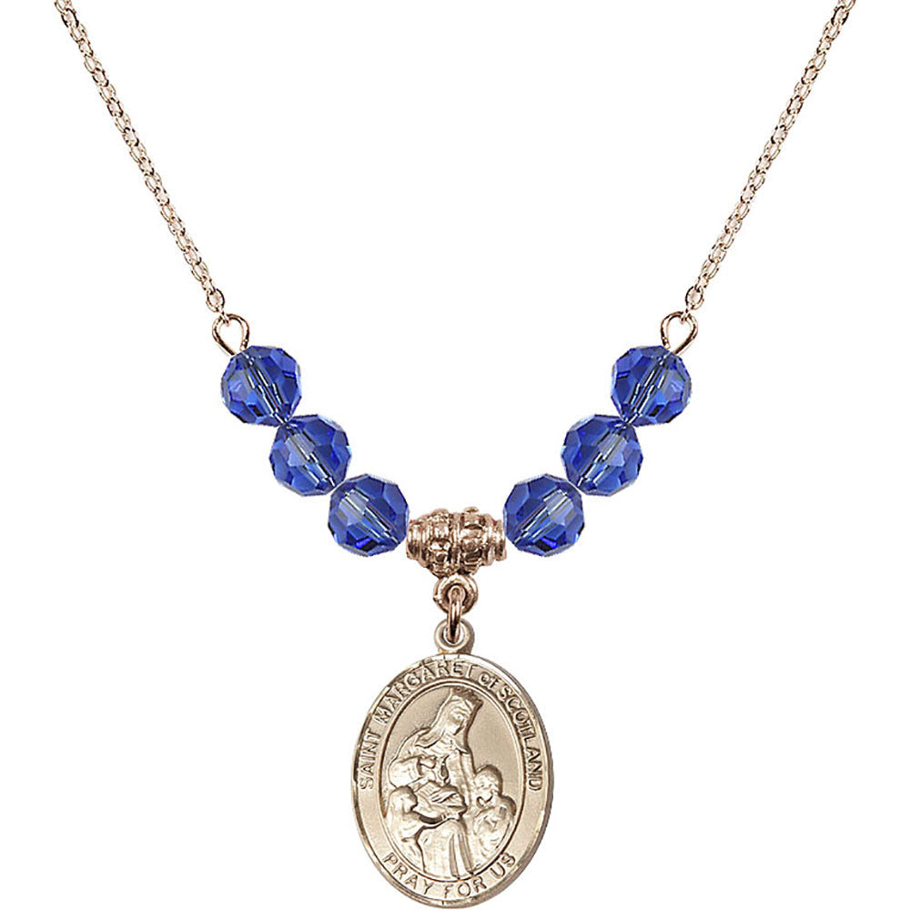 14kt Gold Filled Saint Margaret of Scotland Birthstone Necklace with Sapphire Beads - 8407