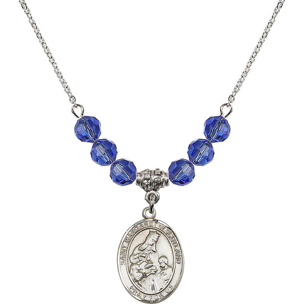 Sterling Silver Saint Margaret of Scotland Birthstone Necklace with Sapphire Beads - 8407