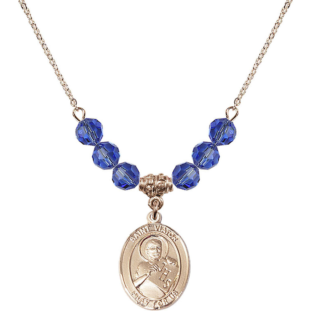 14kt Gold Filled Saint Viator of Bergamo Birthstone Necklace with Sapphire Beads - 8408