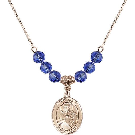 14kt Gold Filled Saint Viator of Bergamo Birthstone Necklace with Sapphire Beads - 8408