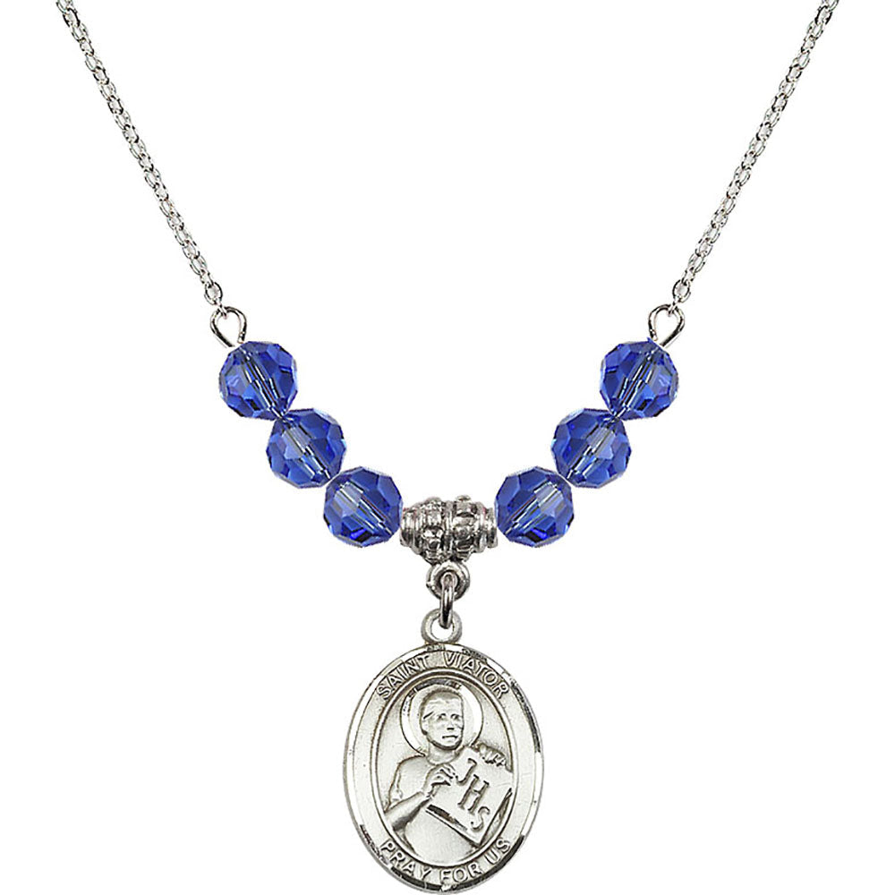 Sterling Silver Saint Viator of Bergamo Birthstone Necklace with Sapphire Beads - 8408