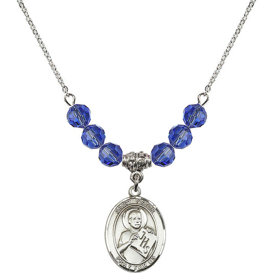 Sterling Silver Saint Viator of Bergamo Birthstone Necklace with Sapphire Beads - 8408