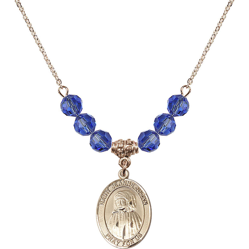 14kt Gold Filled Saint Jeanne Jugan Birthstone Necklace with Sapphire Beads - 8409