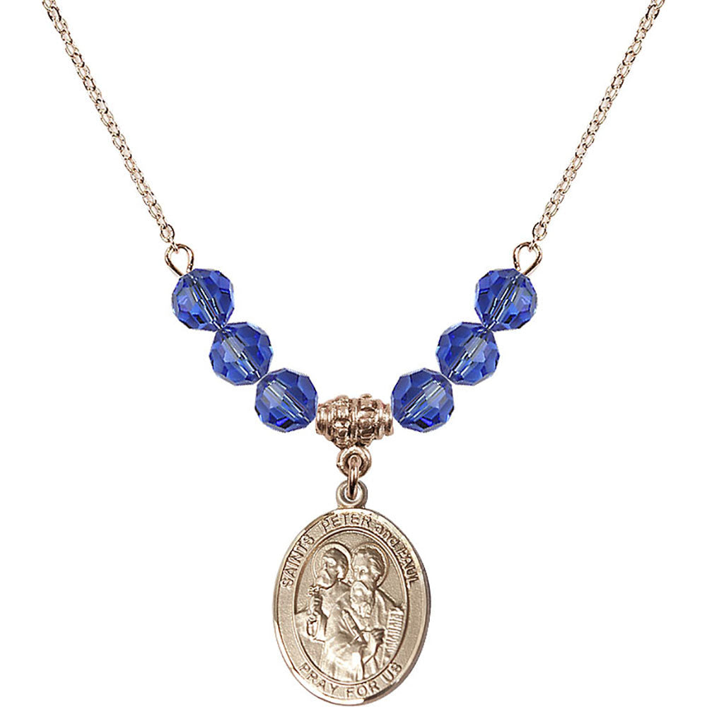 14kt Gold Filled Saints Peter & Paul Birthstone Necklace with Sapphire Beads - 8410