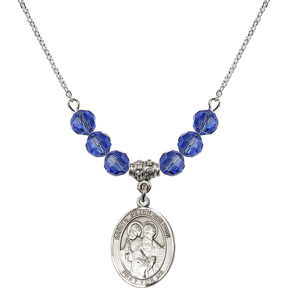 Sterling Silver Saints Peter & Paul Birthstone Necklace with Sapphire Beads - 8410