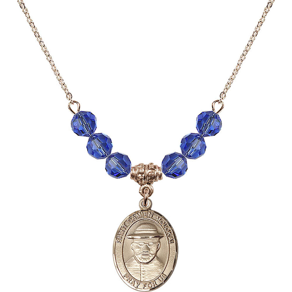 14kt Gold Filled Saint Damien of Molokai Birthstone Necklace with Sapphire Beads - 8412