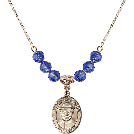 14kt Gold Filled Saint Damien of Molokai Birthstone Necklace with Sapphire Beads - 8412