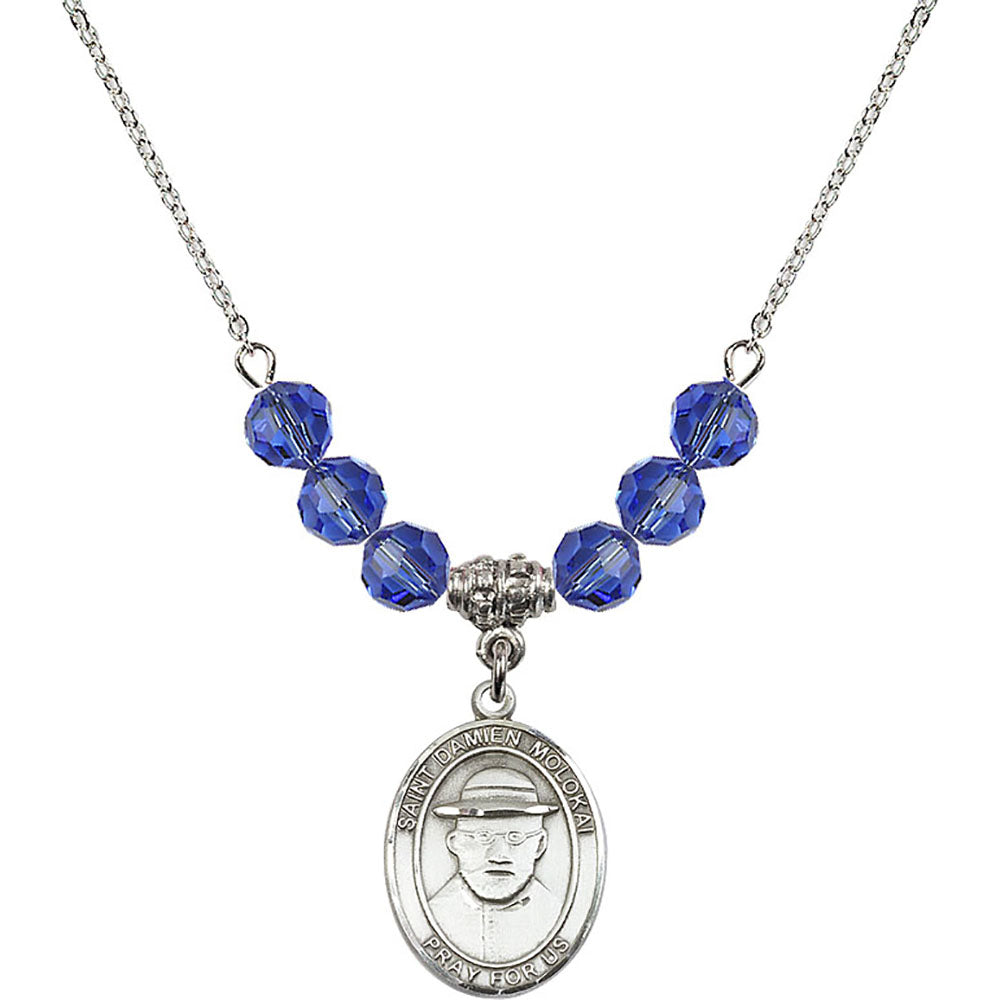 Sterling Silver Saint Damien of Molokai Birthstone Necklace with Sapphire Beads - 8412