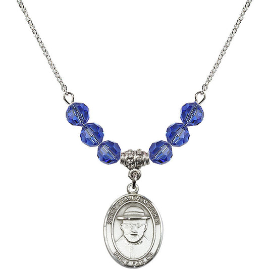 Sterling Silver Saint Damien of Molokai Birthstone Necklace with Sapphire Beads - 8412