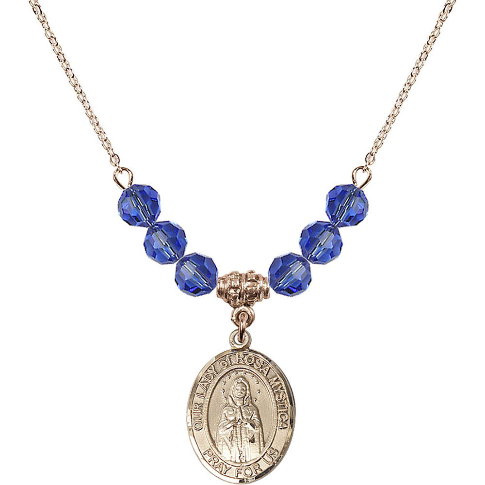 14kt Gold Filled Our Lady of Rosa Mystica Birthstone Necklace with Sapphire Beads - 8413
