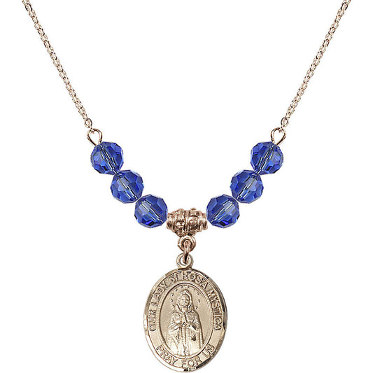 14kt Gold Filled Our Lady of Rosa Mystica Birthstone Necklace with Sapphire Beads - 8413