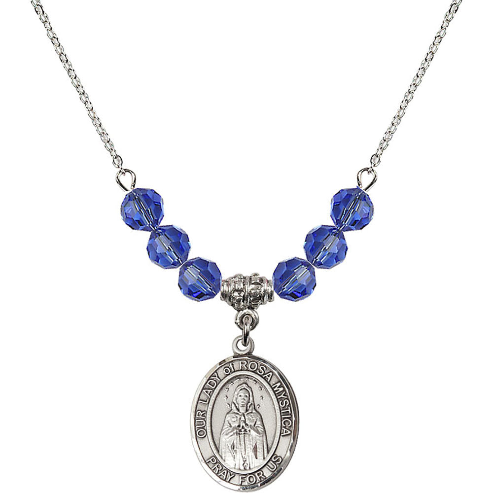 Sterling Silver Our Lady of Rosa Mystica Birthstone Necklace with Sapphire Beads - 8413
