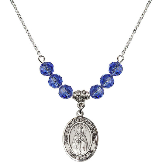Sterling Silver Our Lady of Rosa Mystica Birthstone Necklace with Sapphire Beads - 8413