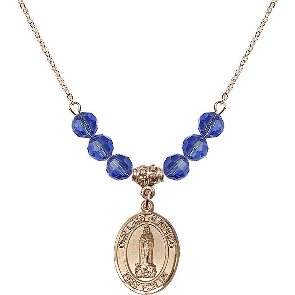 14kt Gold Filled Our Lady of Kibeho Birthstone Necklace with Sapphire Beads - 8414