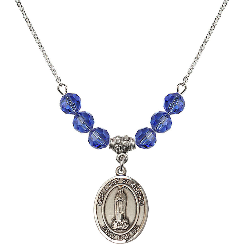 Sterling Silver Our Lady of Kibeho Birthstone Necklace with Sapphire Beads - 8414