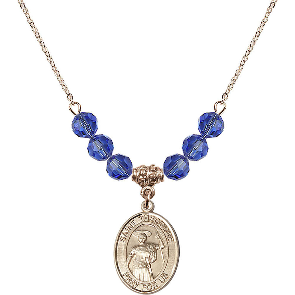 14kt Gold Filled Saint Theodore Stratelates Birthstone Necklace with Sapphire Beads - 8415