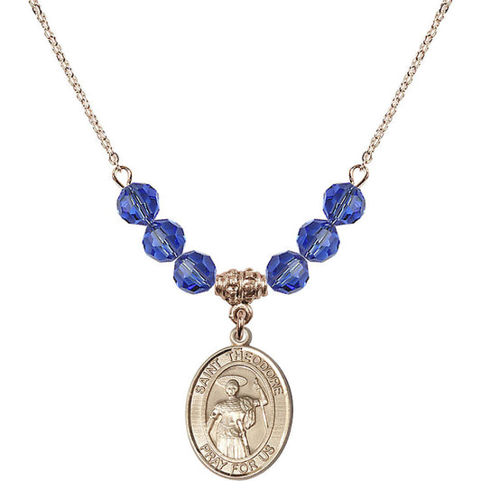 14kt Gold Filled Saint Theodore Stratelates Birthstone Necklace with Sapphire Beads - 8415