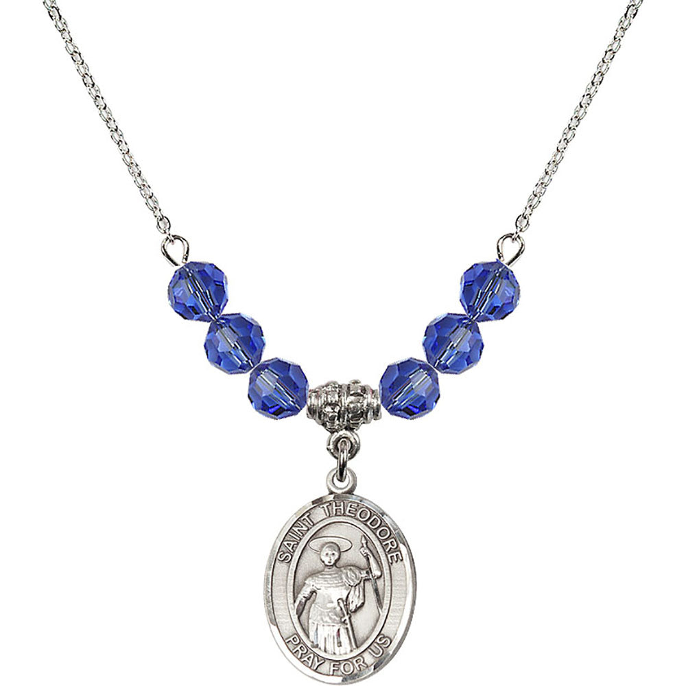 Sterling Silver Saint Theodore Stratelates Birthstone Necklace with Sapphire Beads - 8415
