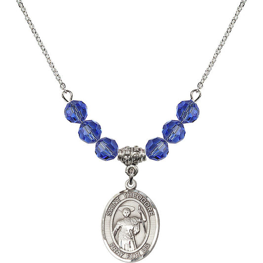 Sterling Silver Saint Theodore Stratelates Birthstone Necklace with Sapphire Beads - 8415