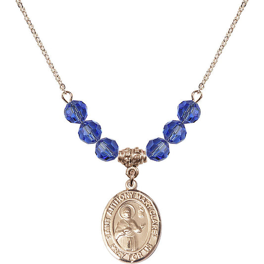 14kt Gold Filled Saint Anthony Mary Claret Birthstone Necklace with Sapphire Beads - 8416
