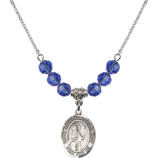 Sterling Silver Saint Anthony Mary Claret Birthstone Necklace with Sapphire Beads - 8416