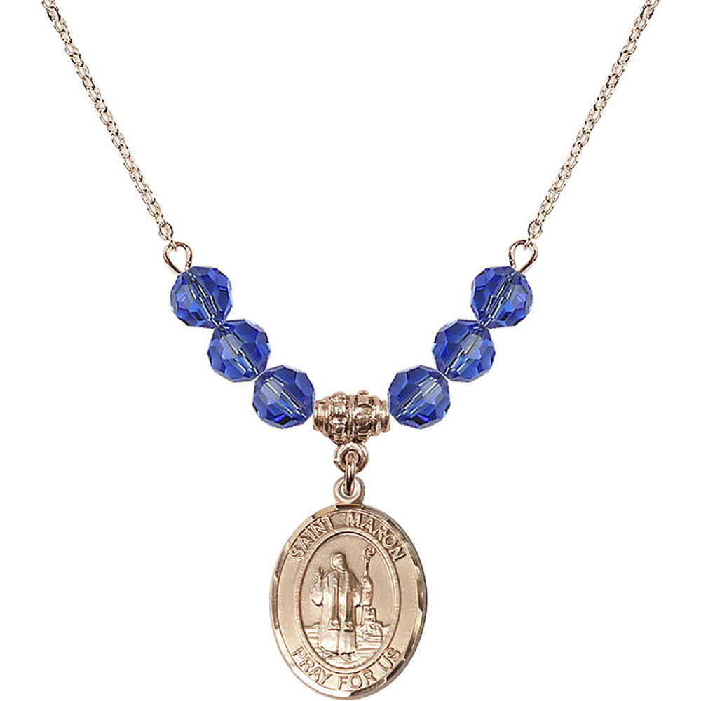 14kt Gold Filled Saint Maron Birthstone Necklace with Sapphire Beads - 8417