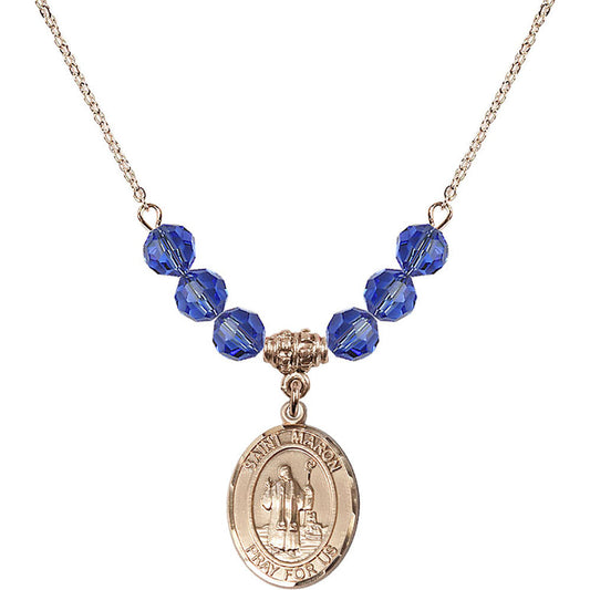 14kt Gold Filled Saint Maron Birthstone Necklace with Sapphire Beads - 8417