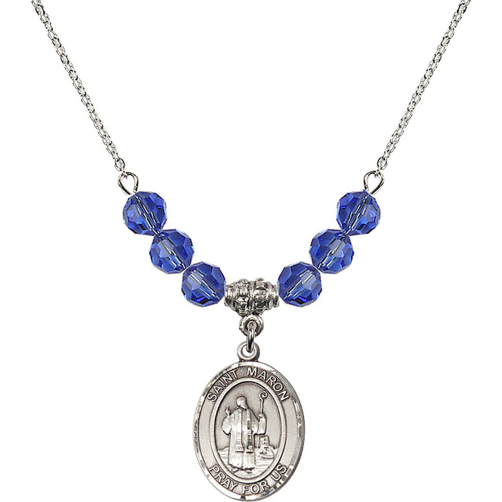 Sterling Silver Saint Maron Birthstone Necklace with Sapphire Beads - 8417