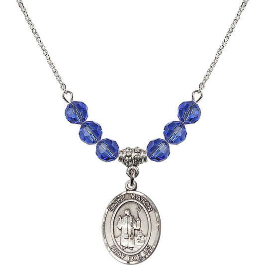 Sterling Silver Saint Maron Birthstone Necklace with Sapphire Beads - 8417