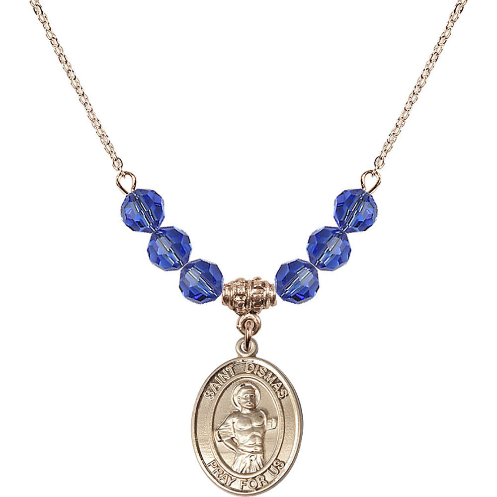 14kt Gold Filled Saint Dismas Birthstone Necklace with Sapphire Beads - 8418