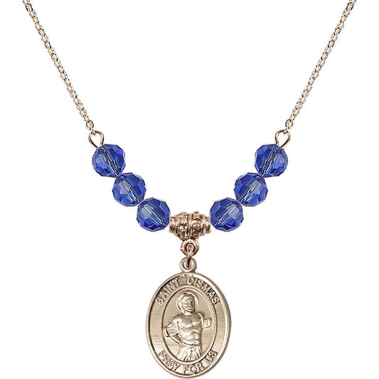 14kt Gold Filled Saint Dismas Birthstone Necklace with Sapphire Beads - 8418