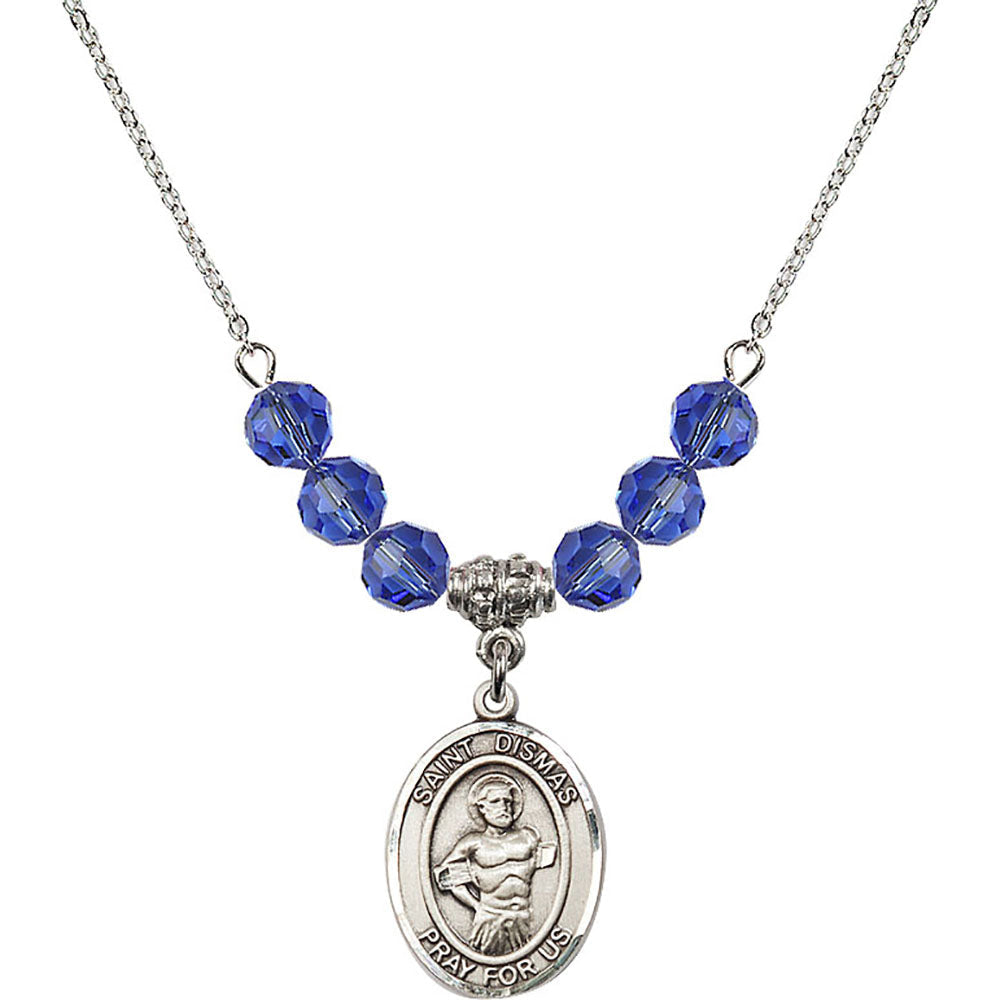Sterling Silver Saint Dismas Birthstone Necklace with Sapphire Beads - 8418