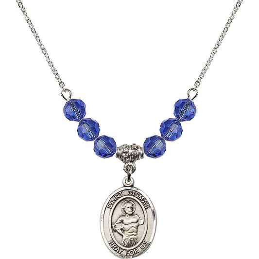 Sterling Silver Saint Dismas Birthstone Necklace with Sapphire Beads - 8418