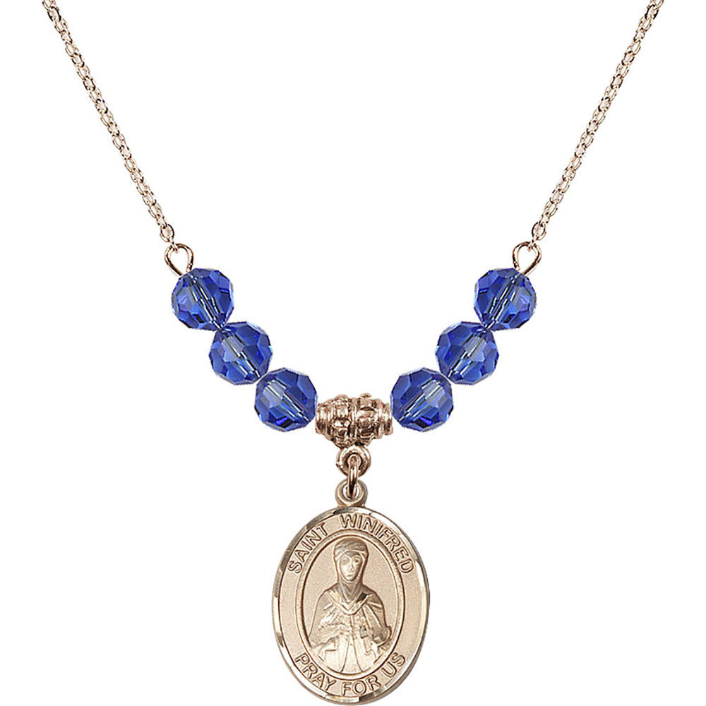 14kt Gold Filled Saint Winifred of Wales Birthstone Necklace with Sapphire Beads - 8419