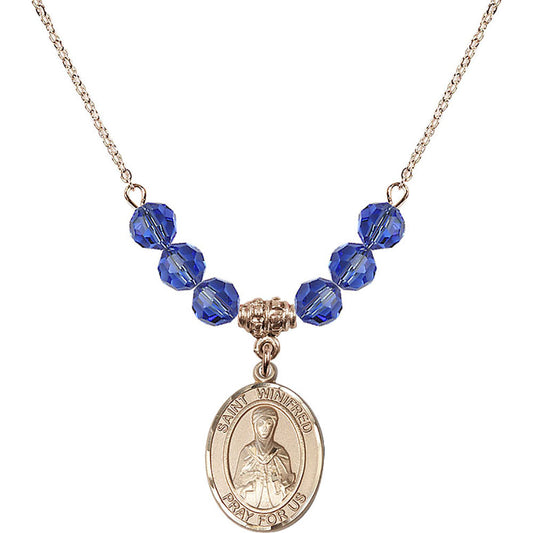 14kt Gold Filled Saint Winifred of Wales Birthstone Necklace with Sapphire Beads - 8419