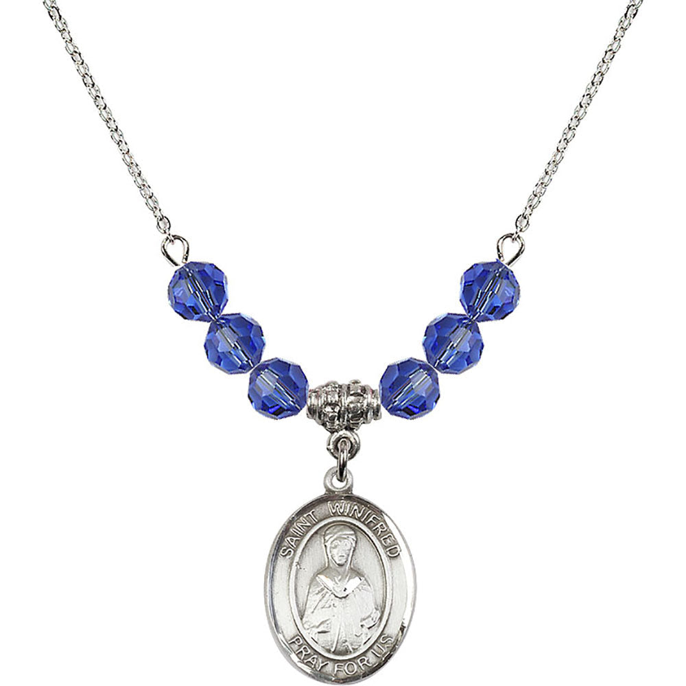 Sterling Silver Saint Winifred of Wales Birthstone Necklace with Sapphire Beads - 8419