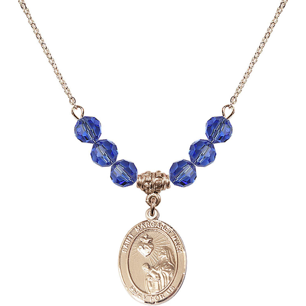 14kt Gold Filled Saint Margaret Mary Alacoque Birthstone Necklace with Sapphire Beads - 8420