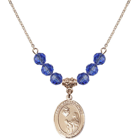 14kt Gold Filled Saint Margaret Mary Alacoque Birthstone Necklace with Sapphire Beads - 8420