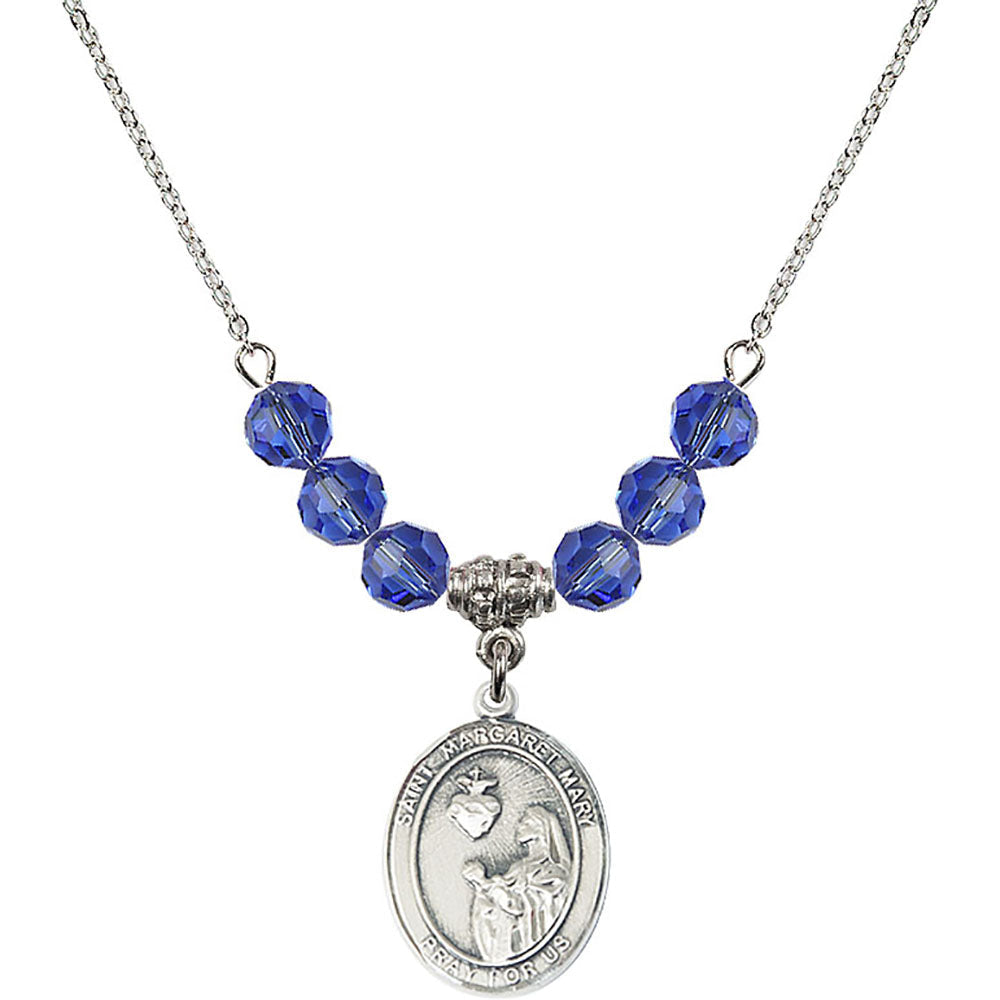 Sterling Silver Saint Margaret Mary Alacoque Birthstone Necklace with Sapphire Beads - 8420