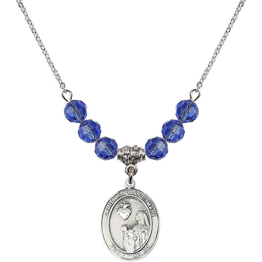 Sterling Silver Saint Margaret Mary Alacoque Birthstone Necklace with Sapphire Beads - 8420