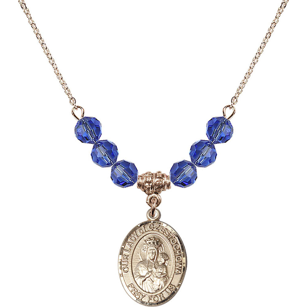 14kt Gold Filled Our Lady of Czestochowa Birthstone Necklace with Sapphire Beads - 8421