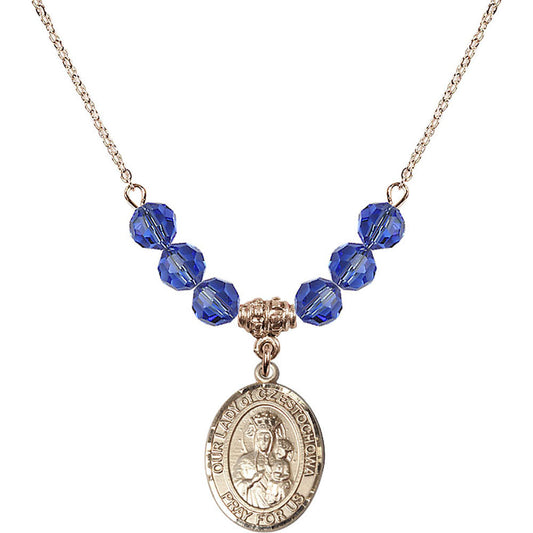 14kt Gold Filled Our Lady of Czestochowa Birthstone Necklace with Sapphire Beads - 8421
